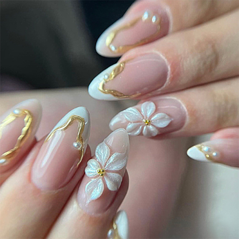 Nail Extension Tips - 24pcs Flower Long Almond Press on
